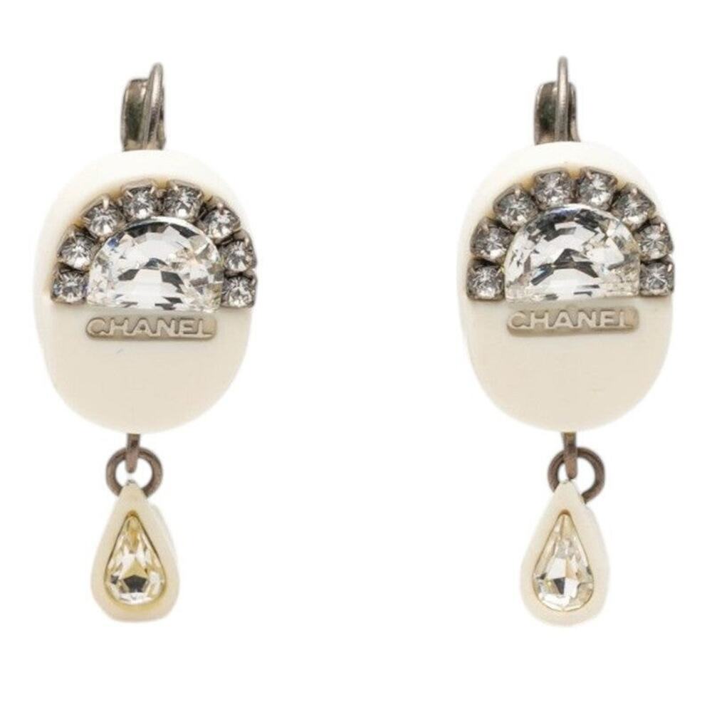 Chanel Logo Pierced Earrings Silver White